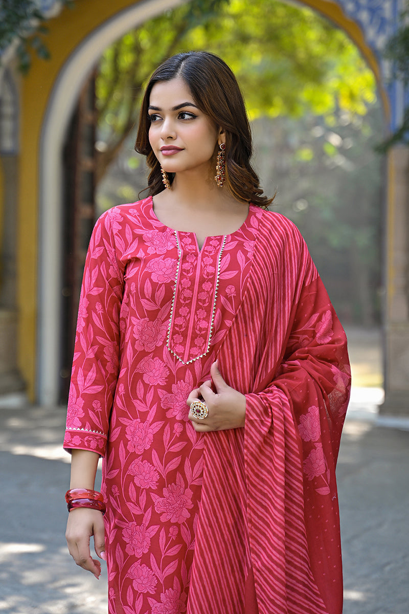 Red Cotton Blend Floral Printed Straight Suit Set | SHOBITAM