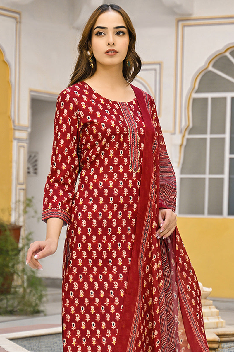 Maroon Rayon Blend Ethnic Motifs Straight Suit Set | SHOBITAM