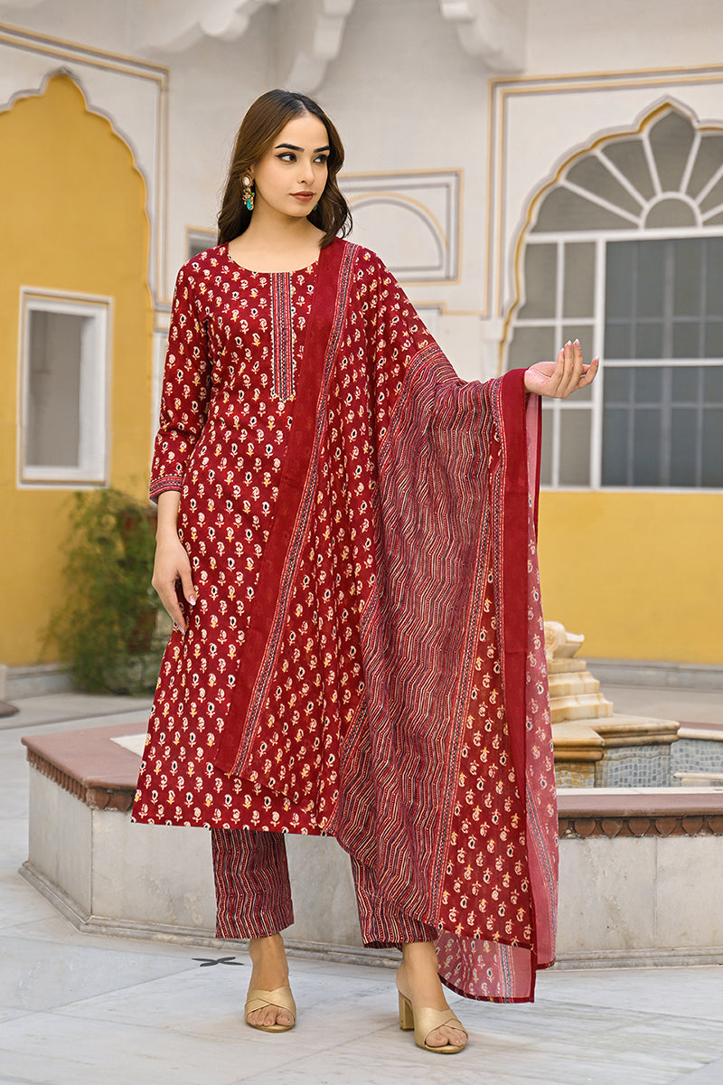 Maroon Rayon Blend Ethnic Motifs Straight Suit Set | SHOBITAM