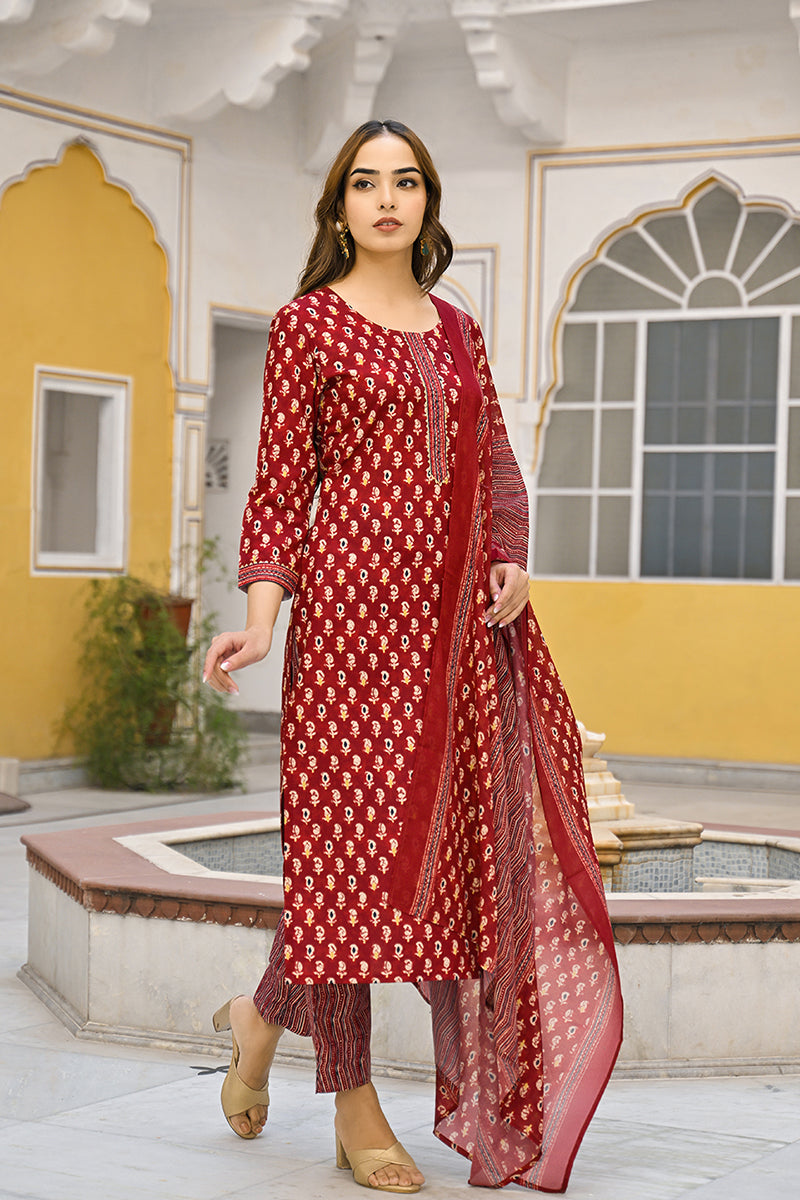 Maroon Rayon Blend Ethnic Motifs Straight Suit Set | SHOBITAM