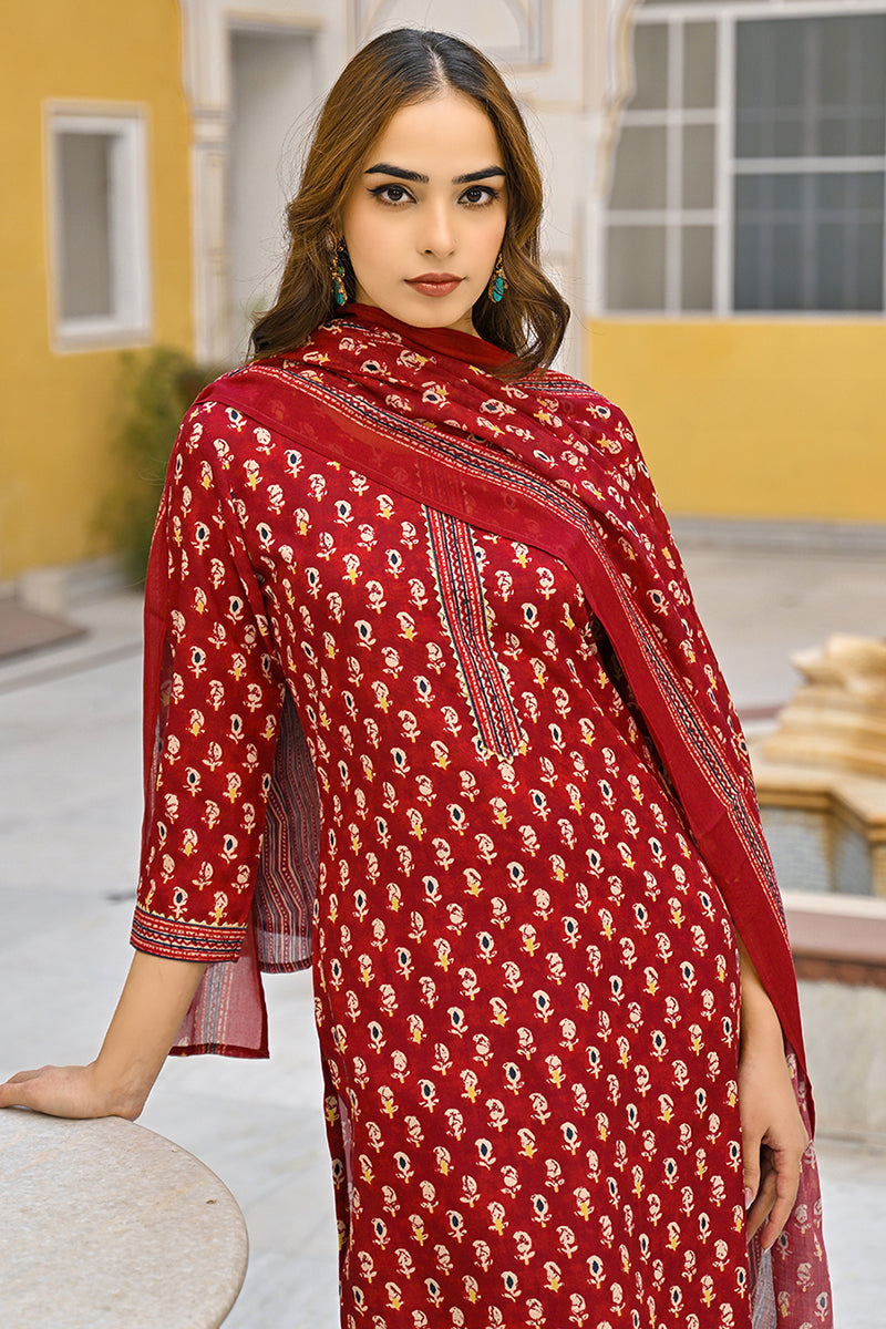 Maroon Rayon Blend Ethnic Motifs Straight Suit Set | SHOBITAM