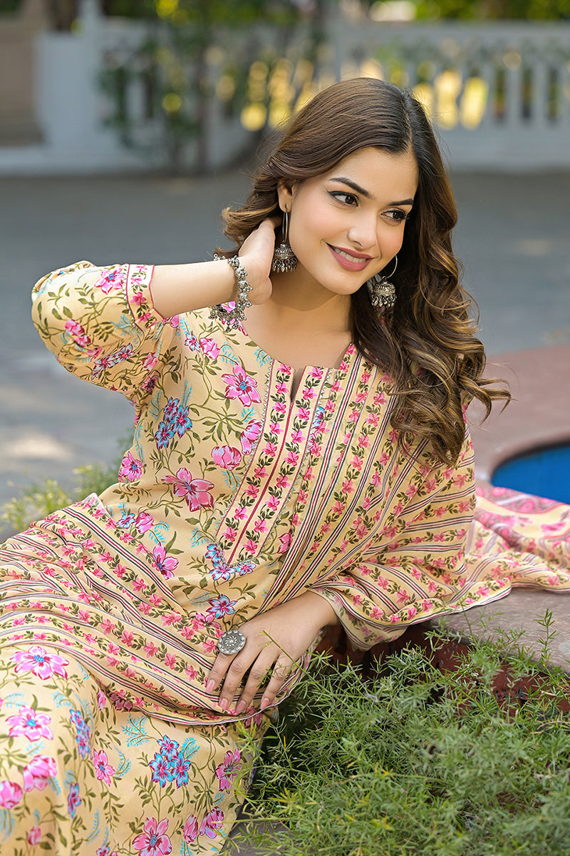 Yellow Rayon Blend Floral Printed Straight Suit Set | SHOBITAM