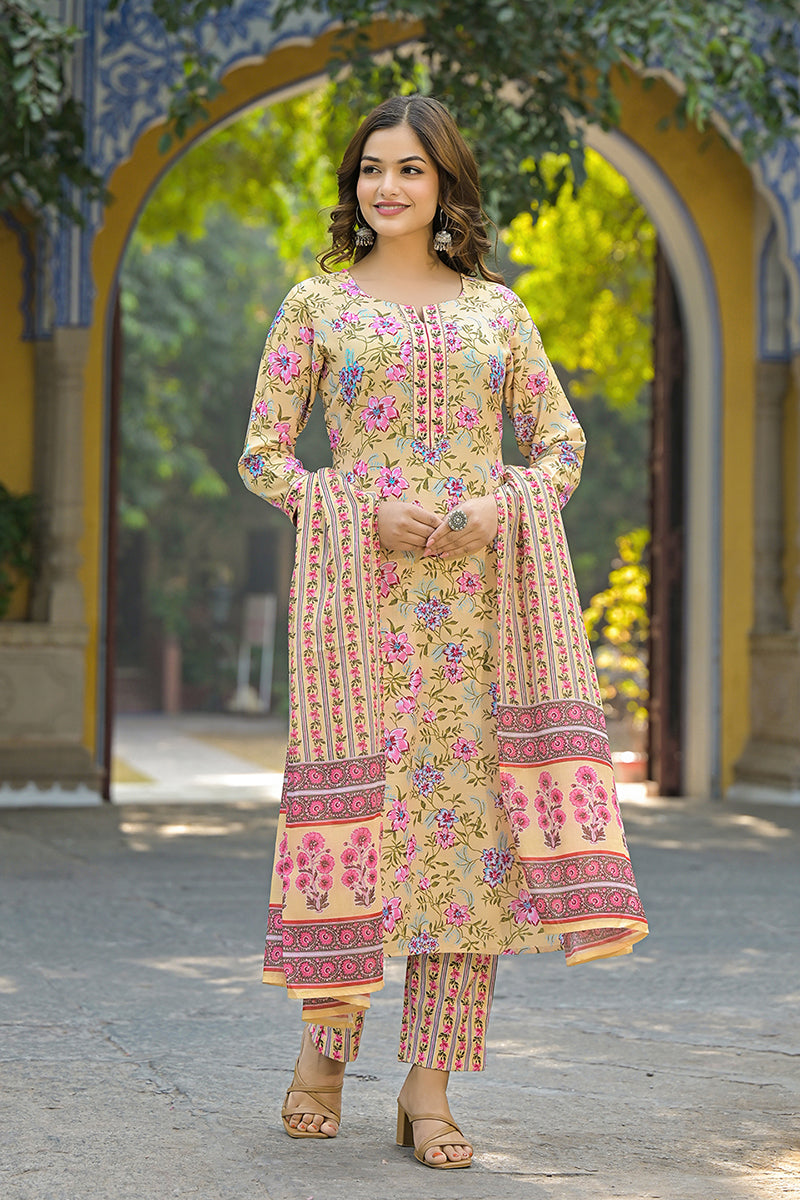 Yellow Rayon Blend Floral Printed Straight Suit Set | SHOBITAM