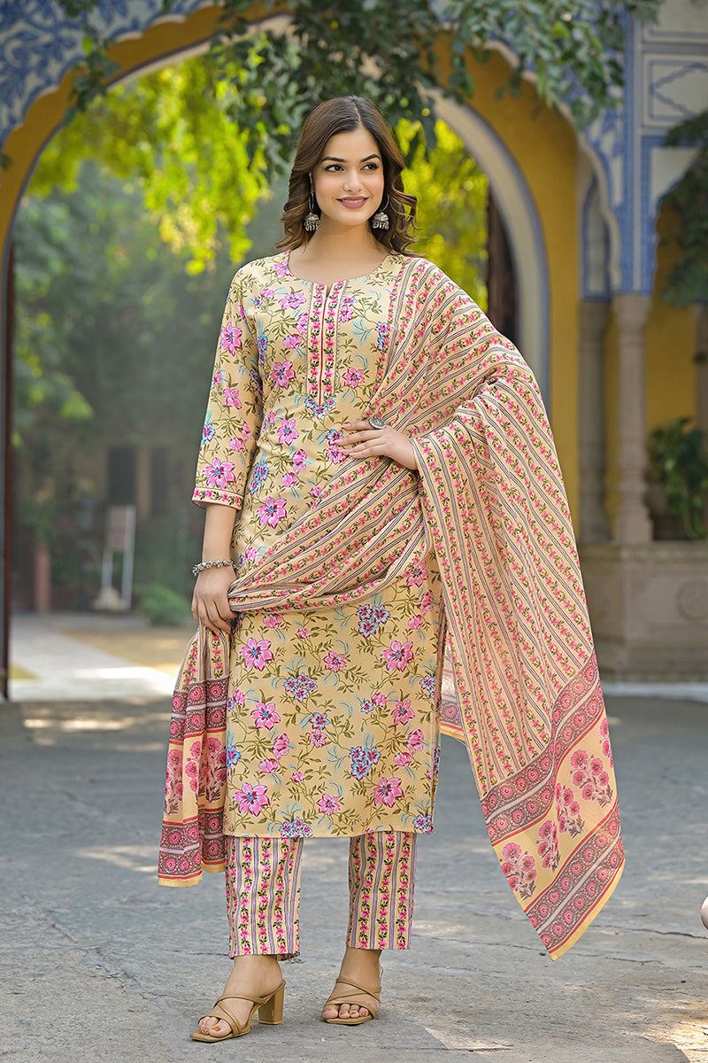 Yellow Rayon Blend Floral Printed Straight Suit Set | SHOBITAM
