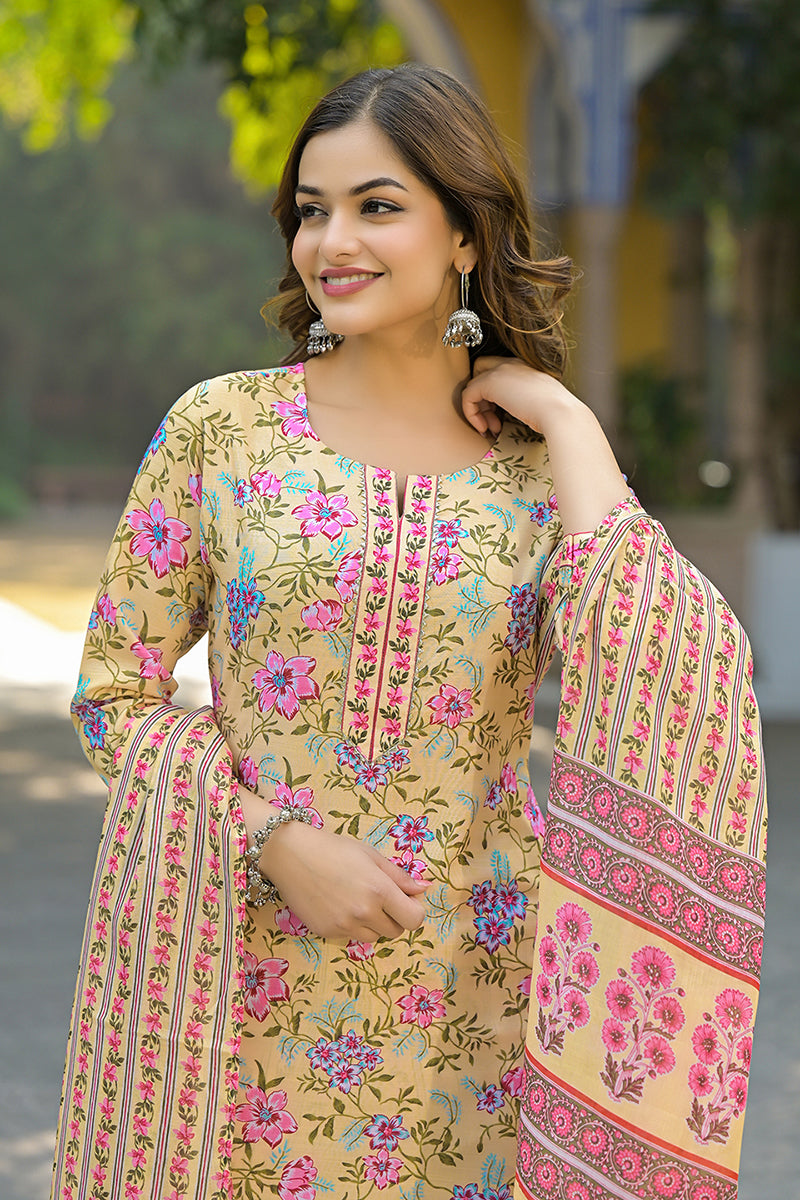 Yellow Rayon Blend Floral Printed Straight Suit Set | SHOBITAM
