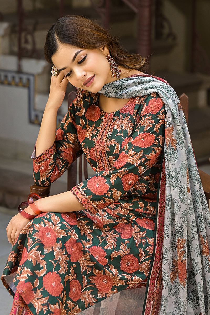 Green Rayon Blend Floral Printed Straight Trouser Suit Set | SHOBITAM