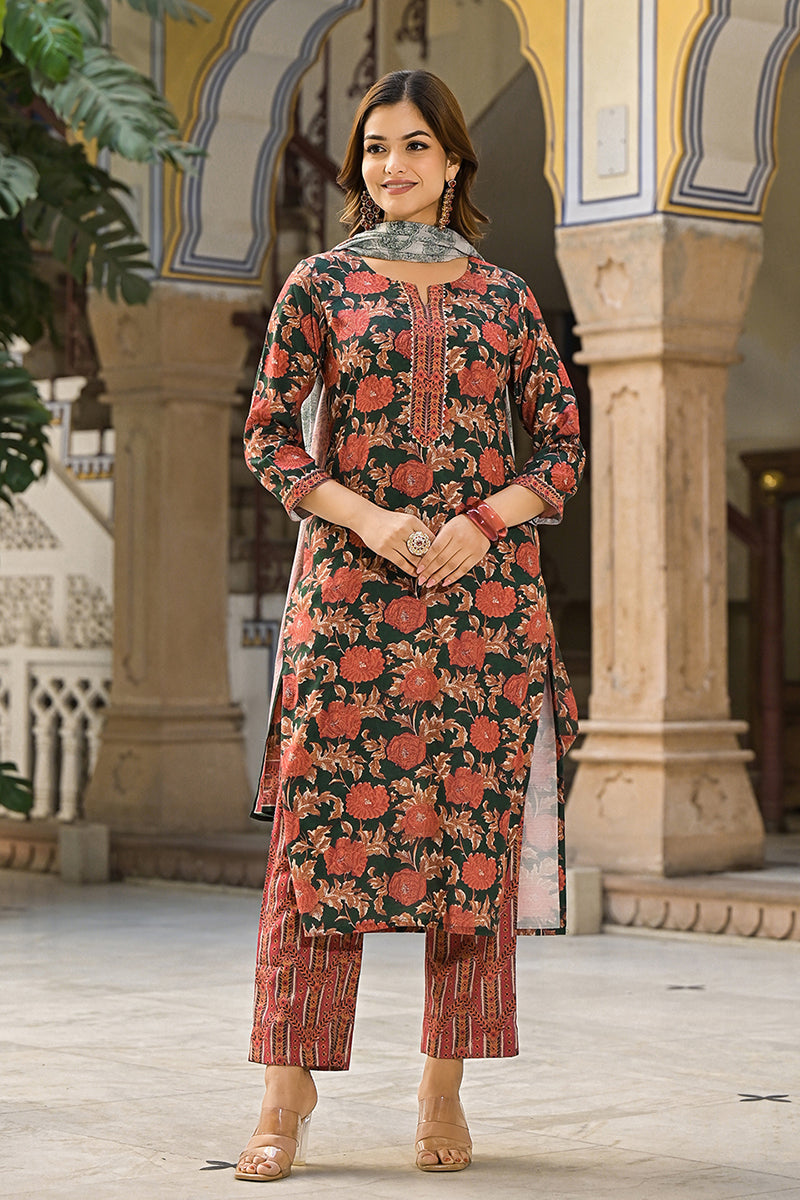 Green Rayon Blend Floral Printed Straight Trouser Suit Set | SHOBITAM