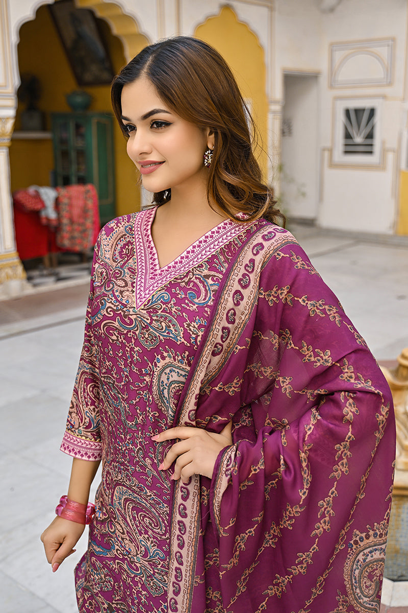 Purple Rayon Blend Paisley Printed Straight Trouser Suit Set | SHOBITAM