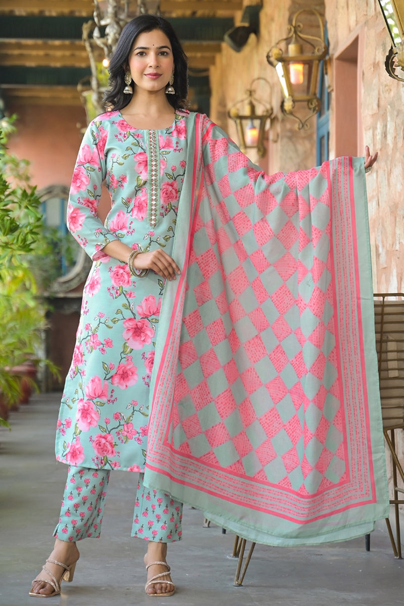 Green Rayon Blend Floral Printed Straight Kurta Trousers With Dupatta | SHOBITAM