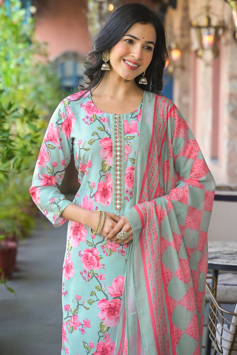 Green Rayon Blend Floral Printed Straight Kurta Trousers With Dupatta | SHOBITAM