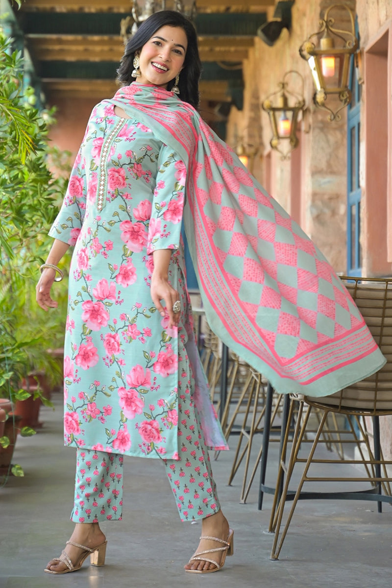 Green Rayon Blend Floral Printed Straight Kurta Trousers With Dupatta | SHOBITAM