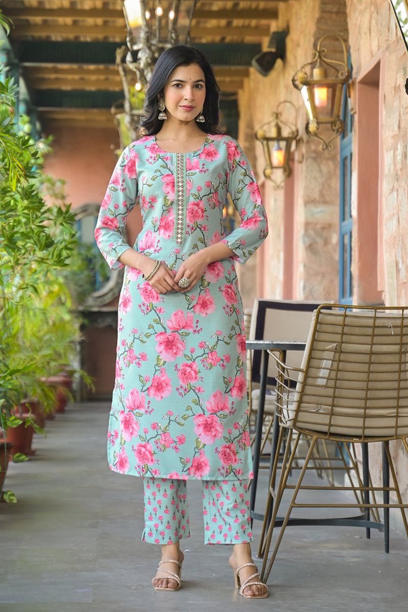 Green Rayon Blend Floral Printed Straight Kurta Trousers With Dupatta | SHOBITAM