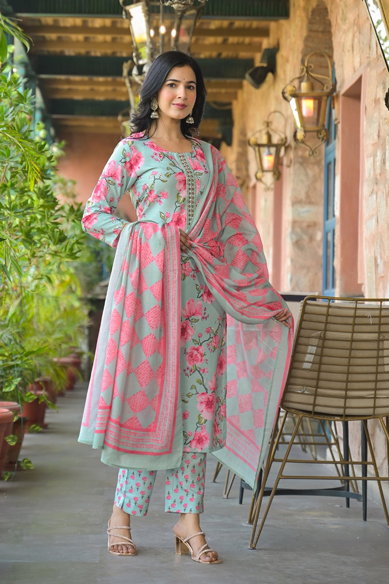 Green Rayon Blend Floral Printed Straight Kurta Trousers With Dupatta | SHOBITAM