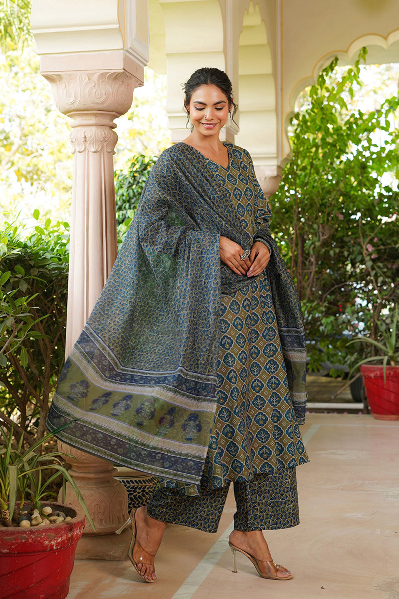 Olive Rayon Blend Floral Printed A-Line Kurta Palazzo With Dupatta | SHOBITAM