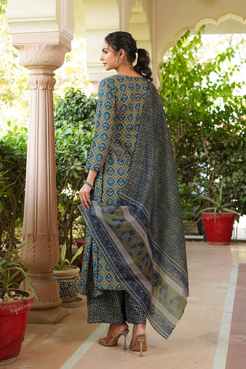 Olive Rayon Blend Floral Printed A-Line Kurta Palazzo With Dupatta | SHOBITAM