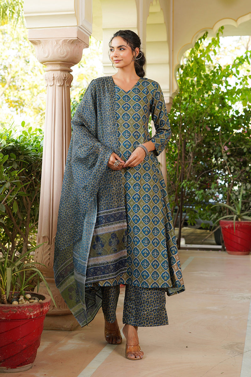 Olive Rayon Blend Floral Printed A-Line Kurta Palazzo With Dupatta | SHOBITAM