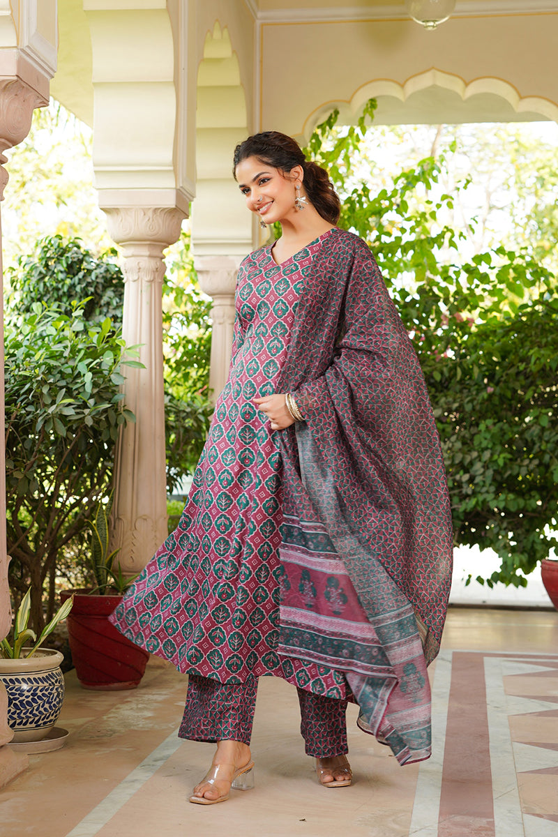Maroon Rayon Blend Floral Printed A-Line Kurta Palazzo With Dupatta | SHOBITAM
