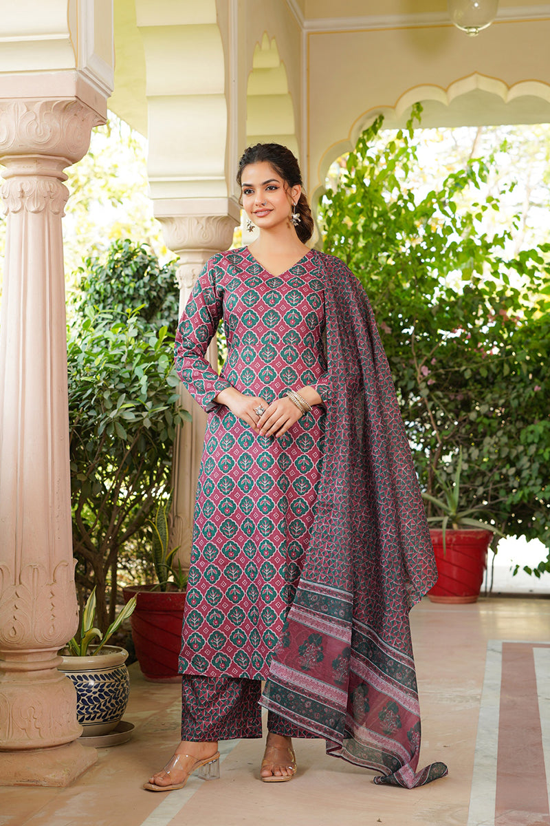 Maroon Rayon Blend Floral Printed A-Line Kurta Palazzo With Dupatta | SHOBITAM