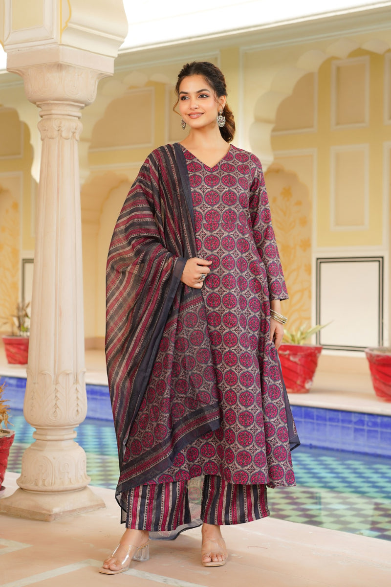 Pink Rayon Blend Floral Printed A-Line Kurta Palazzo With Dupatta| SHOBITAM