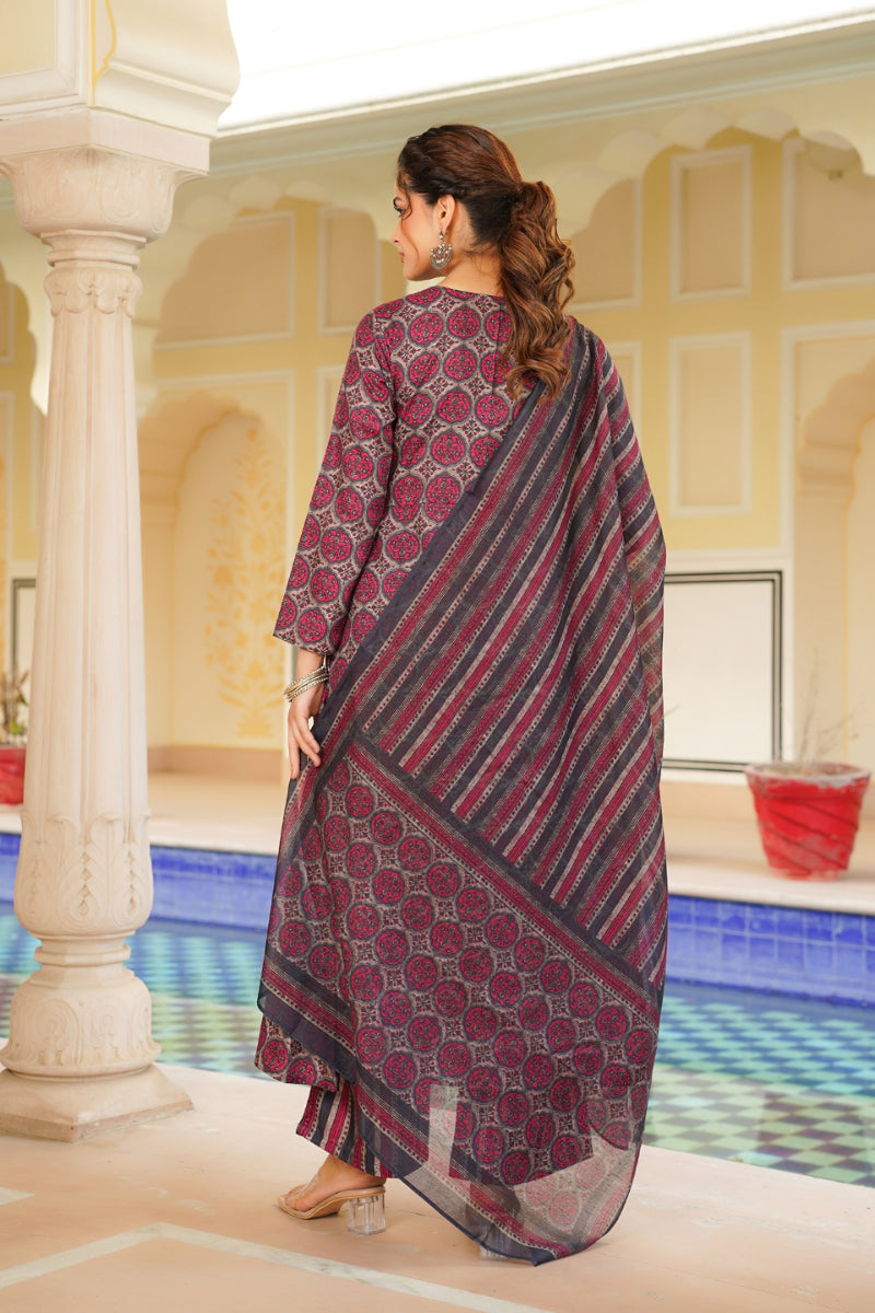 Pink Rayon Blend Floral Printed A-Line Kurta Palazzo With Dupatta| SHOBITAM