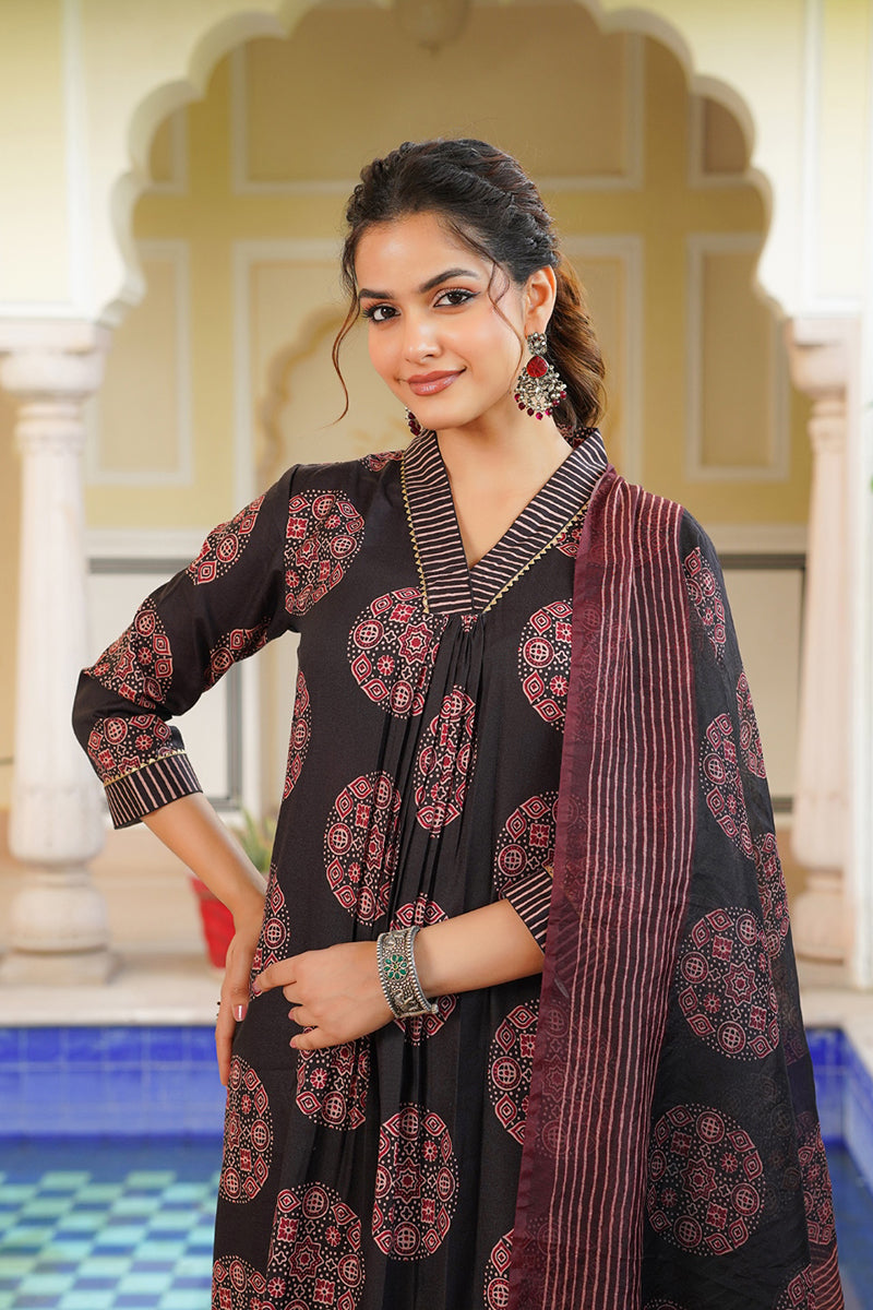 Black Rayon Blend Ajrakh Printed Straight Kurta Trousers With Dupatta | SHOBITAM