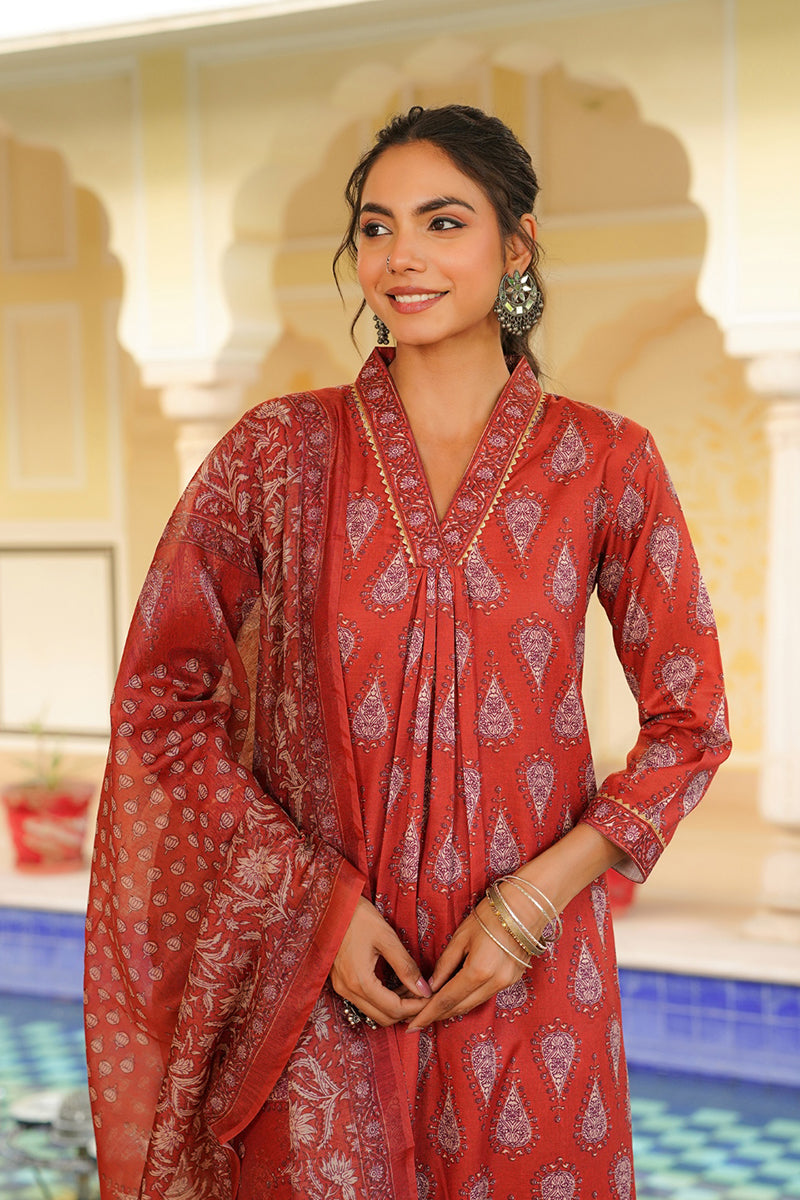 Red Rayon Blend Floral Printed Straight Kurta Trouser With Dupatta | SHOBITAM