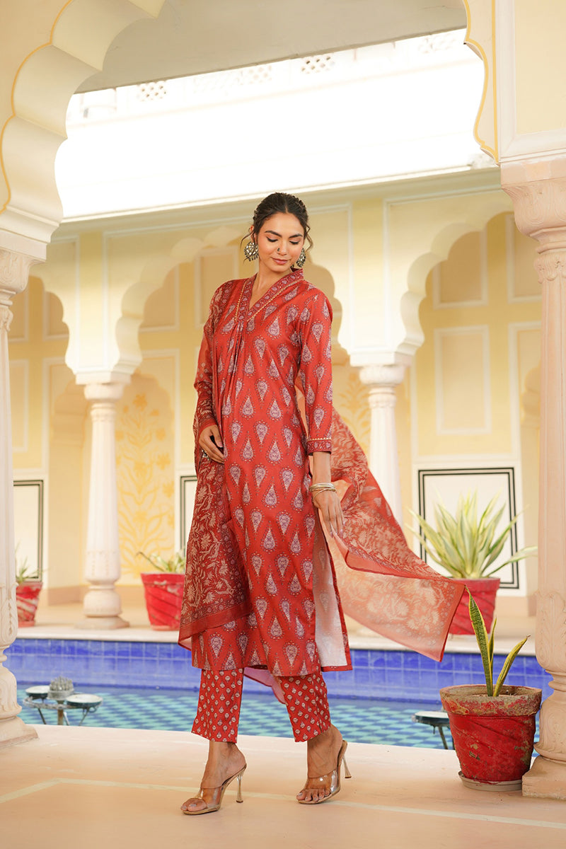Red Rayon Blend Floral Printed Straight Kurta Trouser With Dupatta | SHOBITAM