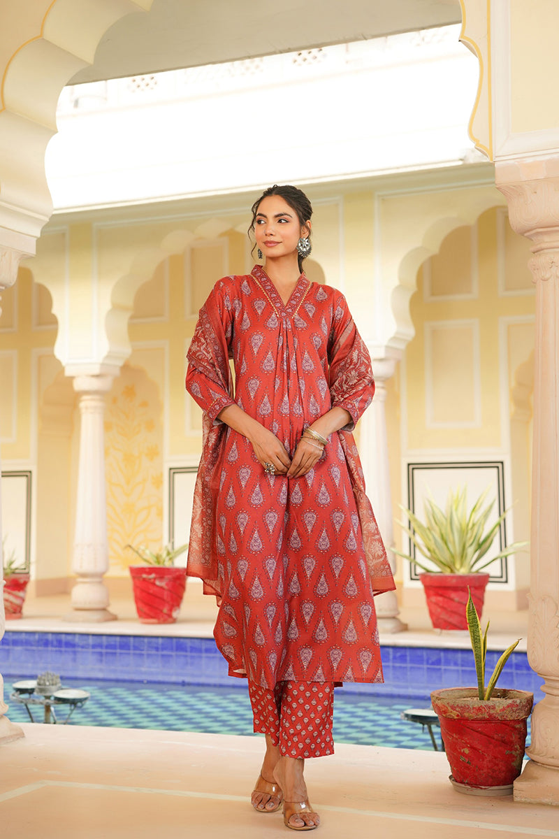 Red Rayon Blend Floral Printed Straight Kurta Trouser With Dupatta | SHOBITAM