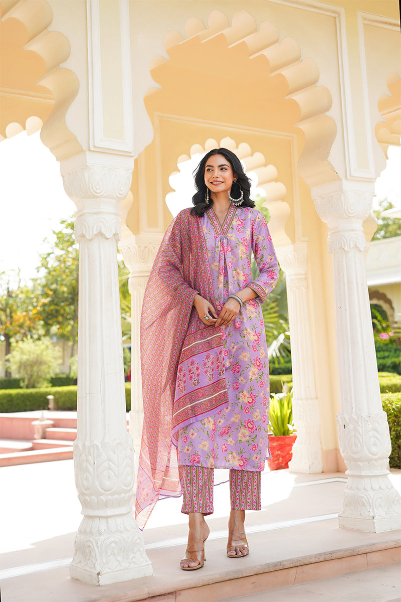 Purple Rayon Blend Floral Printed Straight Kurta Trousers With Dupatta | SHOBITAM
