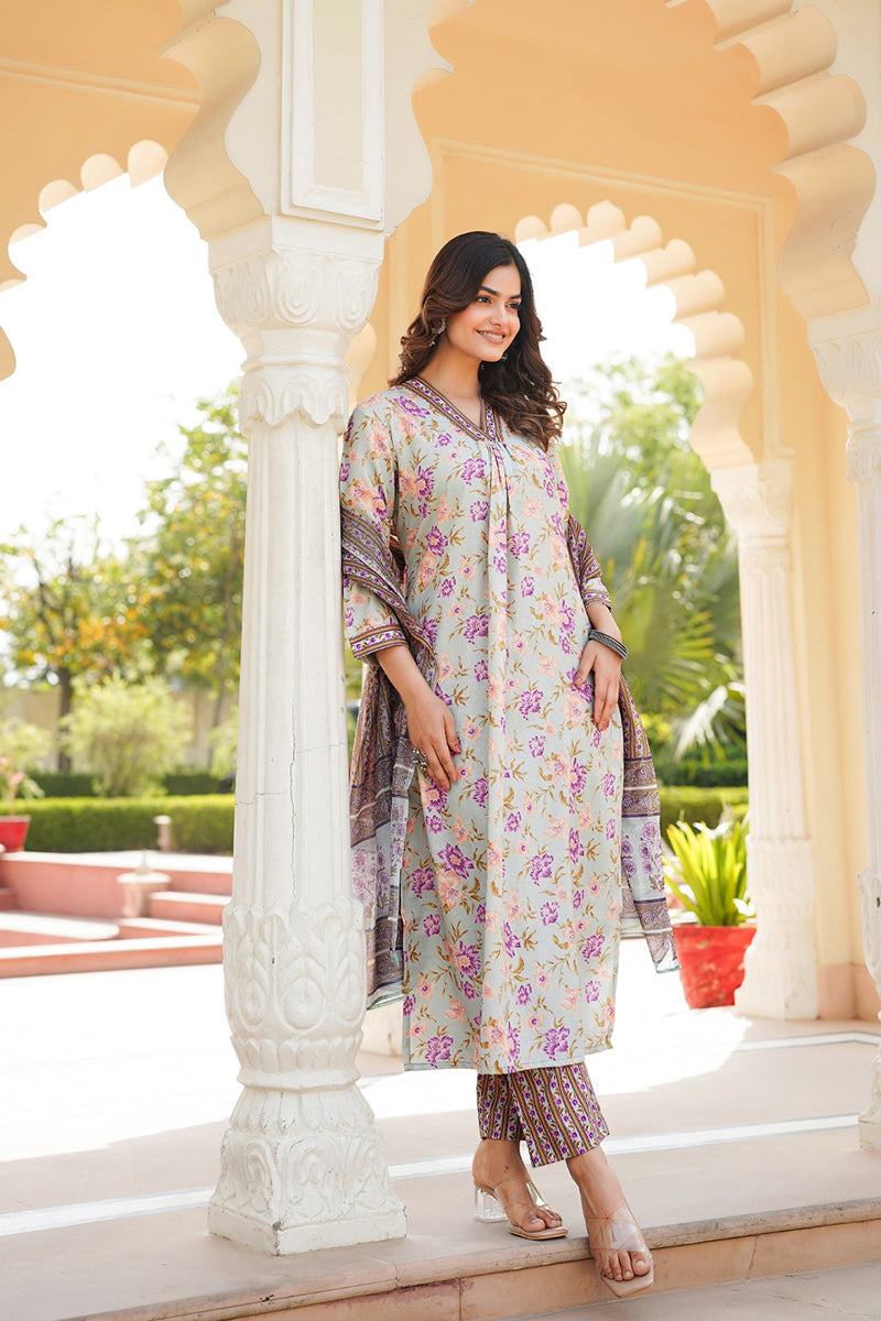 Green Rayon Blend Floral Printed Straight Kurta Trousers With Dupatta |SHOBITAM