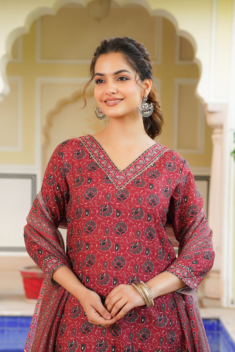 Red Rayon Blend Ethnic Motifs Printed Straight Kurta Salwar With Dupatta | SHOBITAM