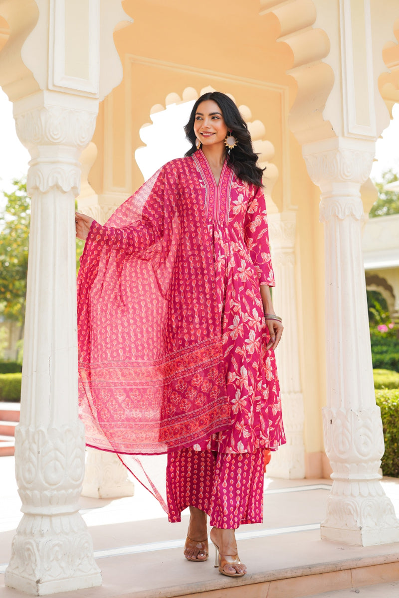 Pink Rayon Blend Floral Printed A-Line Kurta Palazzo With Dupatta | SHOBITAM