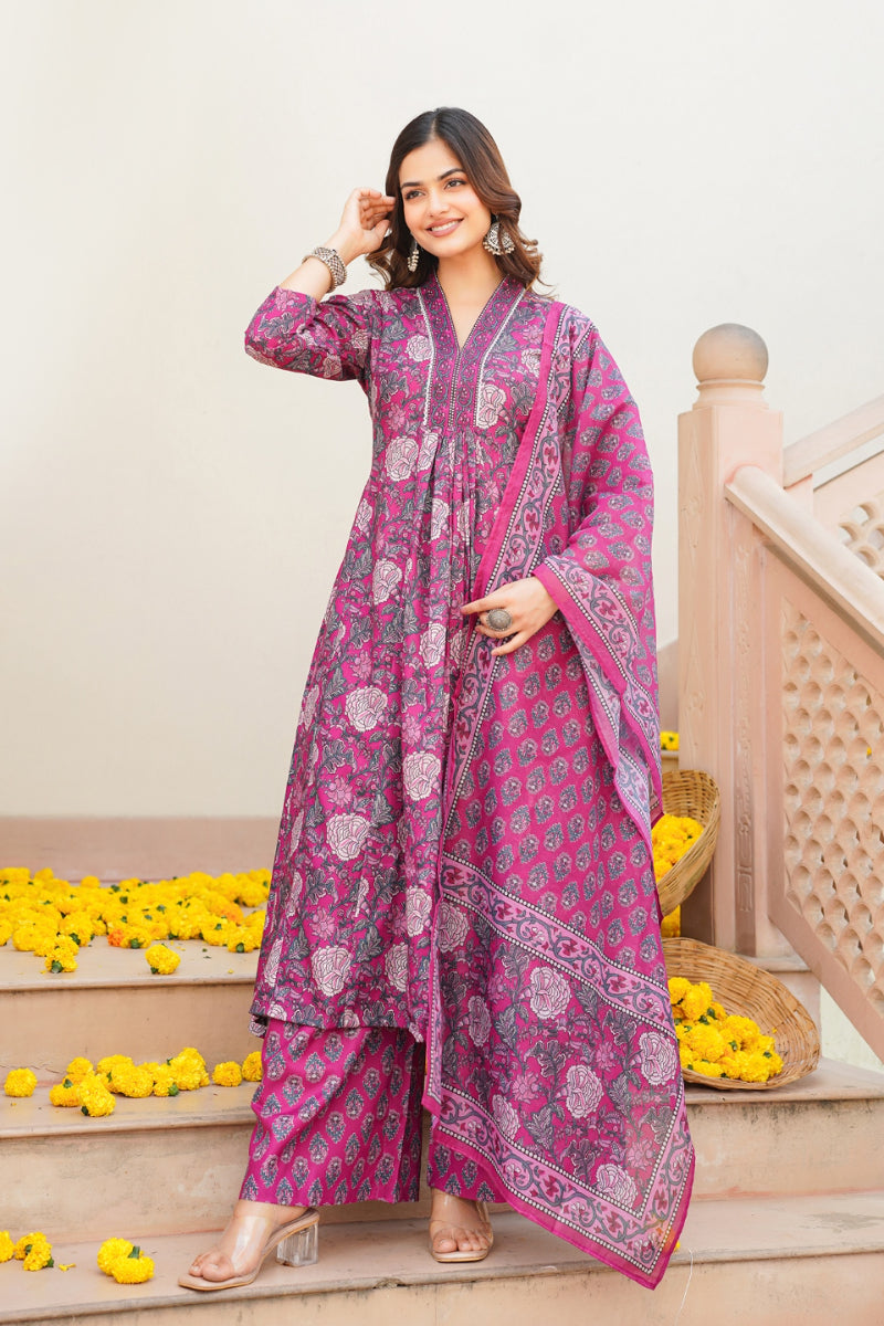 Pink Rayon Blend Floral Printed A-Line Kurta Palazzo With Dupatta | SHOBITAM