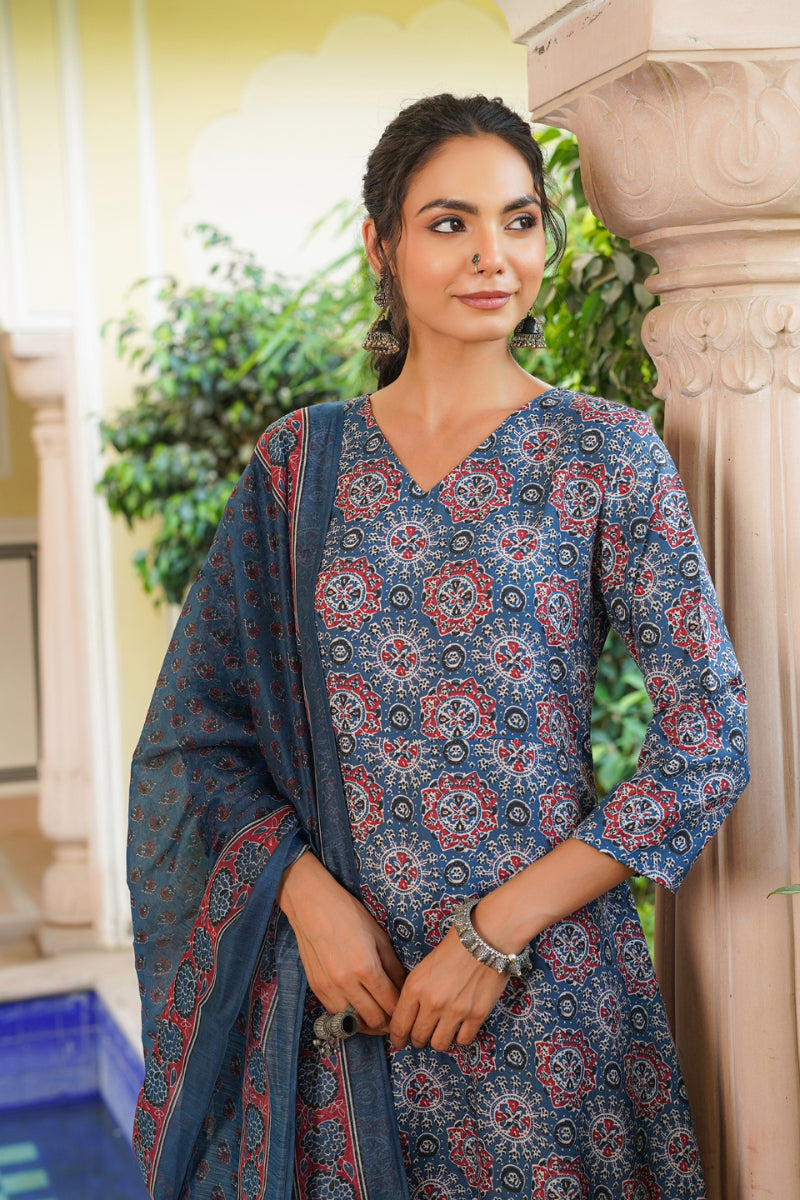 Blue Rayon Blend Ajrakh Printed A-Line Kurta Palazzo With Dupatta | SHOBITAM