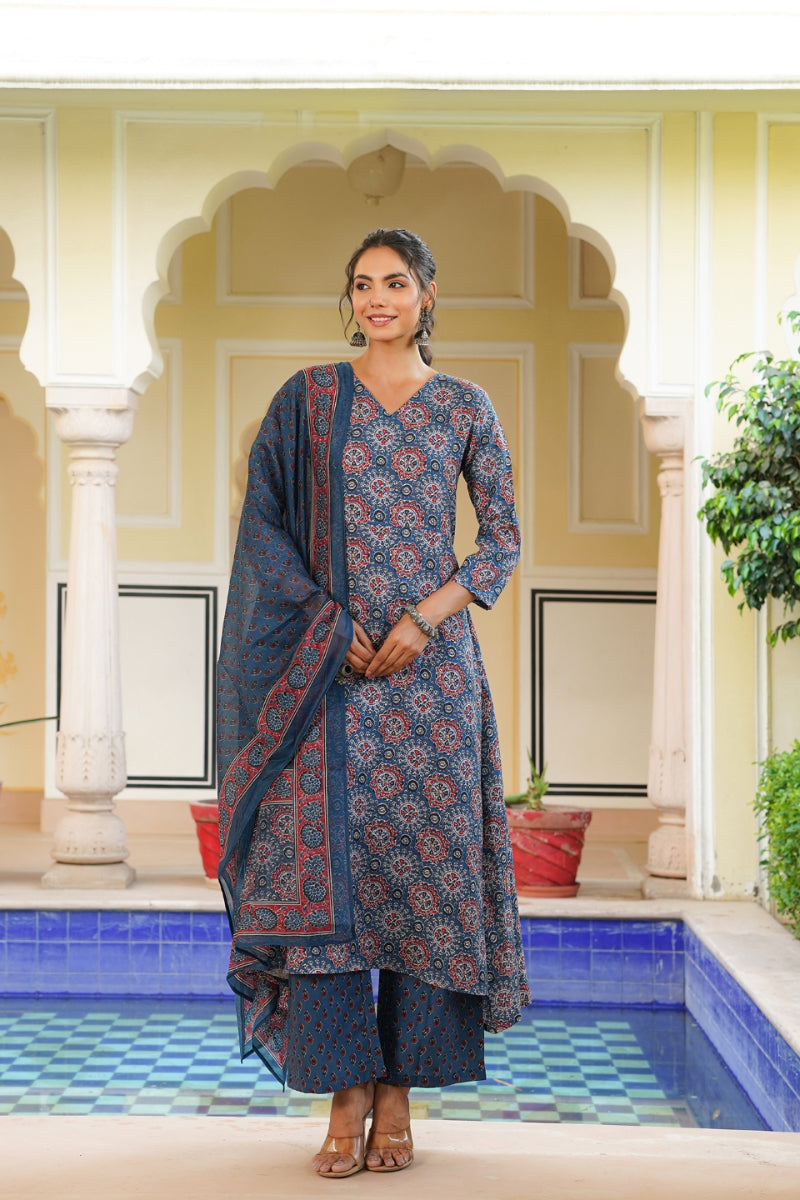 Blue Rayon Blend Ajrakh Printed A-Line Kurta Palazzo With Dupatta | SHOBITAM