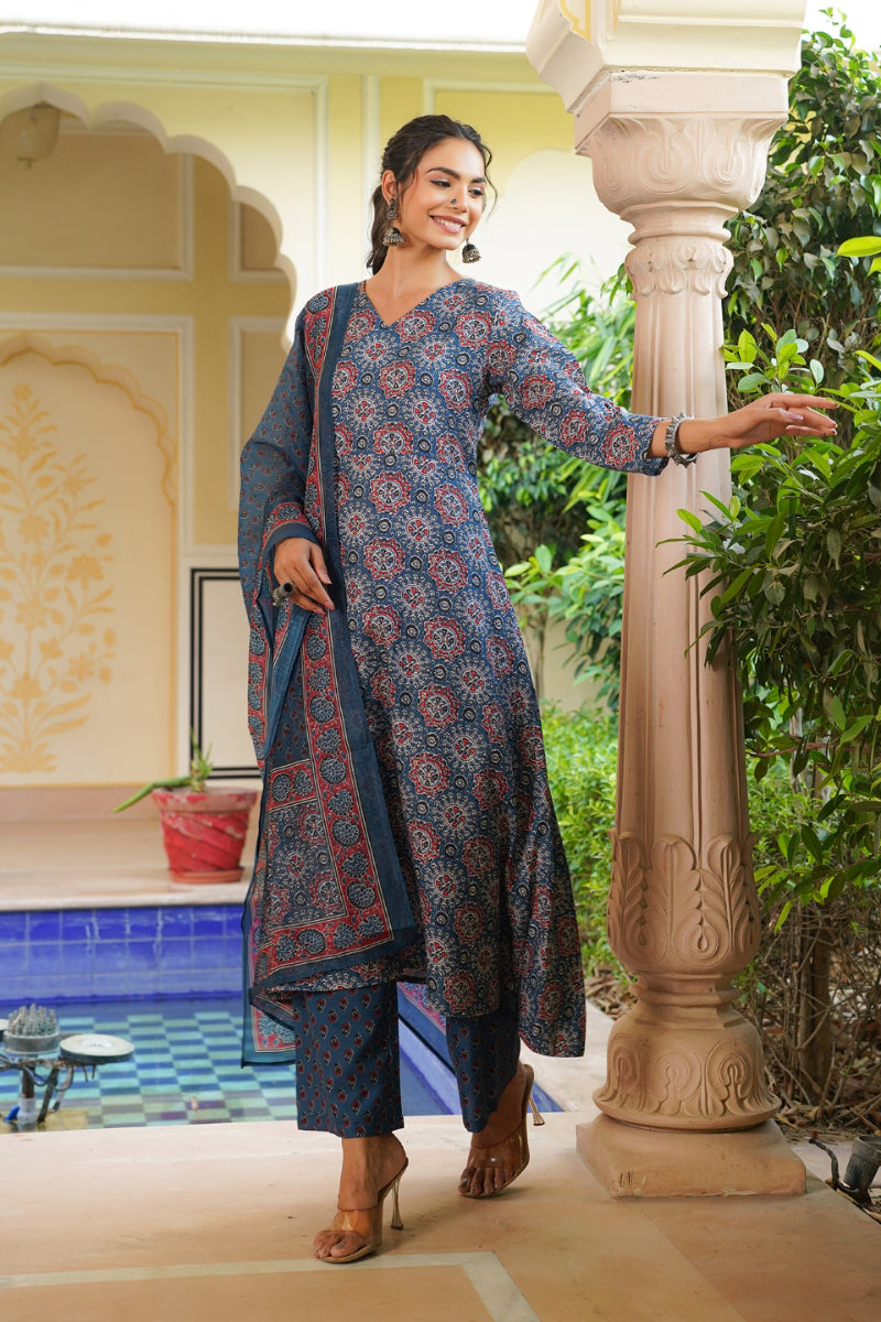 Blue Rayon Blend Ajrakh Printed A-Line Kurta Palazzo With Dupatta | SHOBITAM