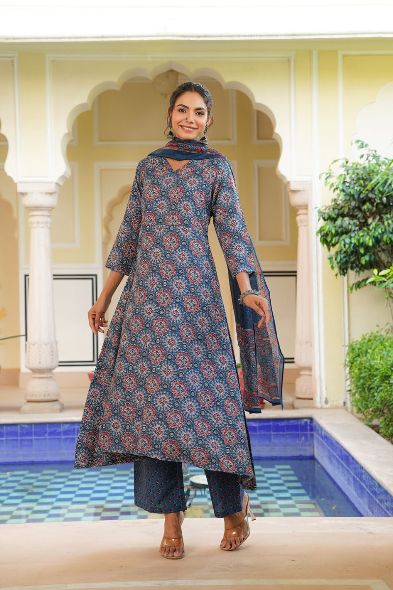 Blue Rayon Blend Ajrakh Printed A-Line Kurta Palazzo With Dupatta | SHOBITAM