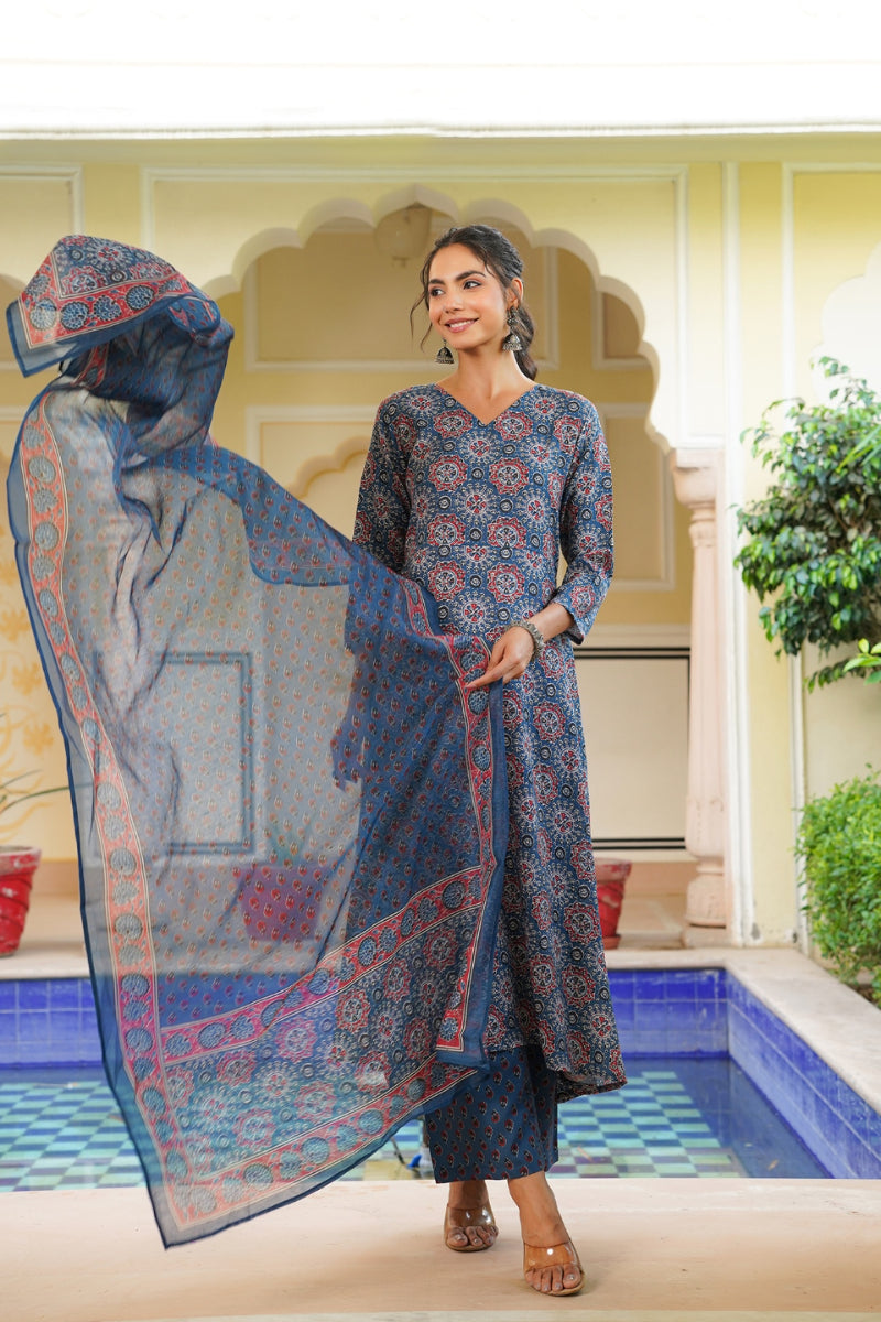 Blue Rayon Blend Ajrakh Printed A-Line Kurta Palazzo With Dupatta | SHOBITAM