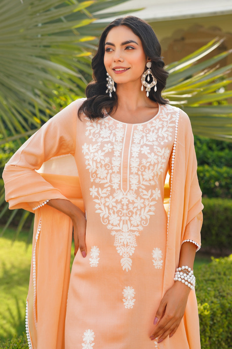 Peach Viscose Solid Embroidered Straight Kurta Palazzo With Dupatta | SHOBITAM