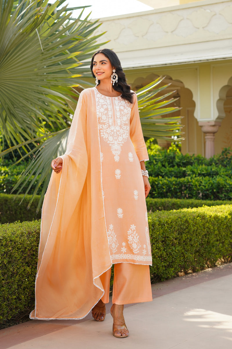 Peach Viscose Solid Embroidered Straight Kurta Palazzo With Dupatta | SHOBITAM