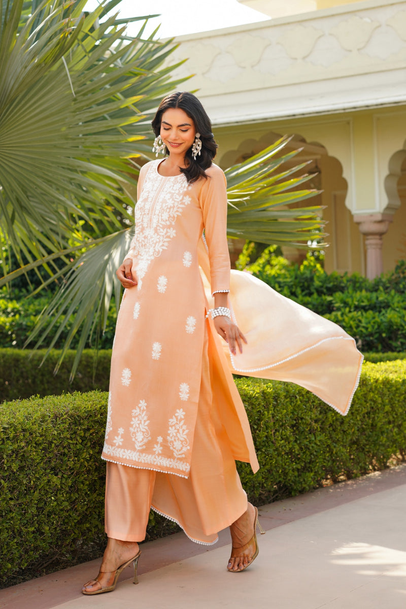 Peach Viscose Solid Embroidered Straight Kurta Palazzo With Dupatta | SHOBITAM