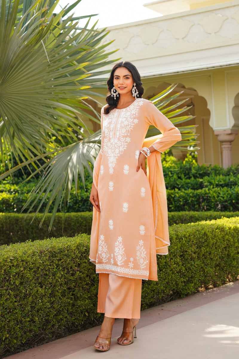Peach Viscose Solid Embroidered Straight Kurta Palazzo With Dupatta | SHOBITAM