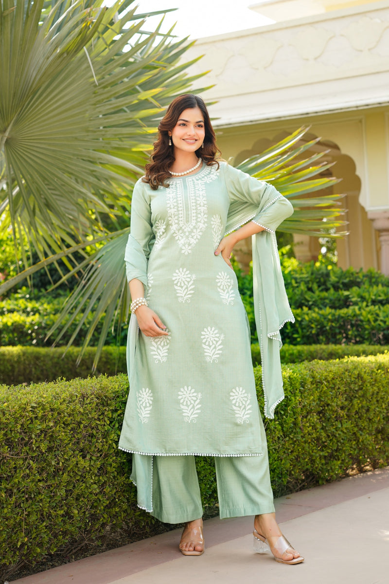 Green Viscose Solid Embroidered Straight Kurta Palazzo With Dupatta | SHOBITAM