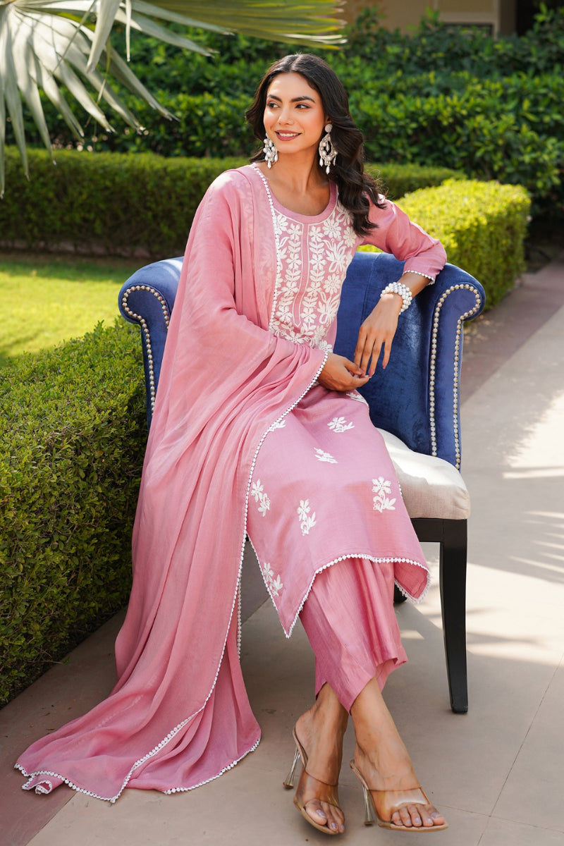 Pink Viscose Solid Embroidered Straight Kurta Palazzo With Dupatta | SHOBITAM