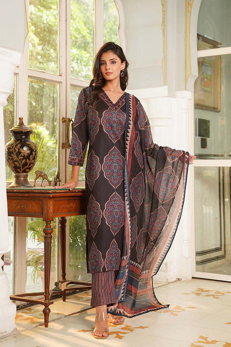 Black Rayon Blend Ethnic Motifs Printed Straight Kurta Trousers With Dupatta | SHOBITAM