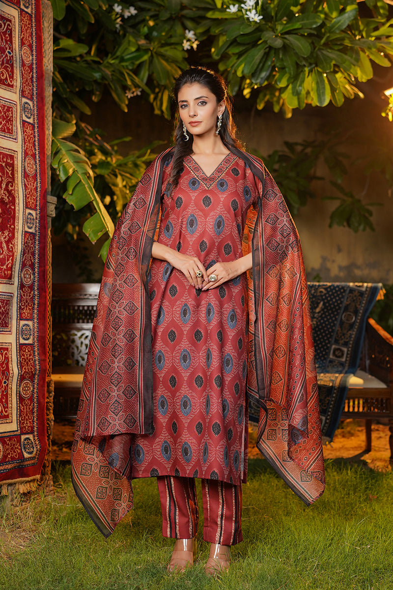 Maroon Rayon Blend Ethnic Motifs Printed Straight Kurta Trousers With Dupatta |SHOBITAM