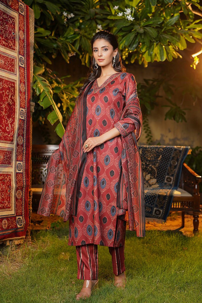 Maroon Rayon Blend Ethnic Motifs Printed Straight Kurta Trousers With Dupatta |SHOBITAM