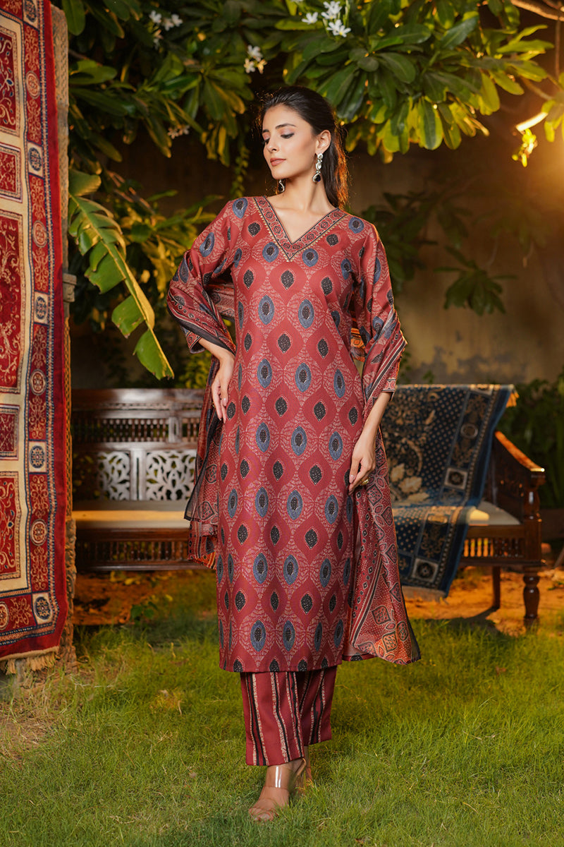 Maroon Rayon Blend Ethnic Motifs Printed Straight Kurta Trousers With Dupatta |SHOBITAM