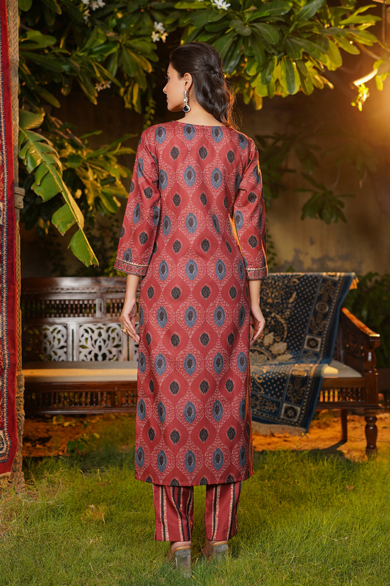 Maroon Rayon Blend Ethnic Motifs Printed Straight Kurta Trousers With Dupatta |SHOBITAM
