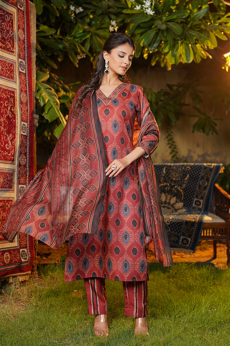 Maroon Rayon Blend Ethnic Motifs Printed Straight Kurta Trousers With Dupatta |SHOBITAM